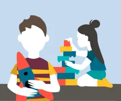 imagem infográfica de duas crianças a brincar com uma boneca e um carrinho. Crédito: Ana kaiseler