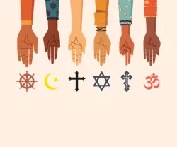 Imagem com ilustração de várias mãos que apontam para símbolos de diferentes religiões. Autoria: José Alves