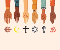 Imagem com ilustração de várias mãos que apontam para símbolos de diferentes religiões. Autoria: José Alves
