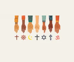 Imagem com ilustração de várias mãos que apontam para símbolos de diferentes religiões. Autoria: José Alves