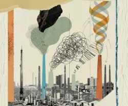 Imagem infográfica de edifícios e fábricas a emitir gases com efeito de estufa. Crédito: Ana Kaiseler. Esta imagem foi expandida com recurso a IA.