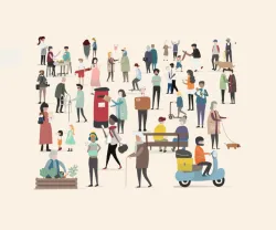 Imagem infográfica representando pessoas, de todas as idades e em diferentes atividades do dia a dia. Crédito: Fundação/Ana Laiseler