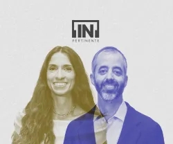 Retrato de uma mulher e de um homem ao centro da imagem num fondo cinzento. Logotipo "[IN]Pertinente" acima. 