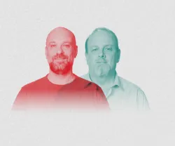 Sob fundo neutro, os rostos de dois homens de meia idade, o crítico literário Pedro Mexia e o humorista Hugo van der Ding.